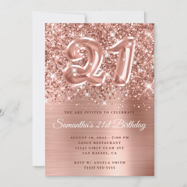 Sparkly Glittery Rose Gold Balloon 21st Birthday Invitation (Front)