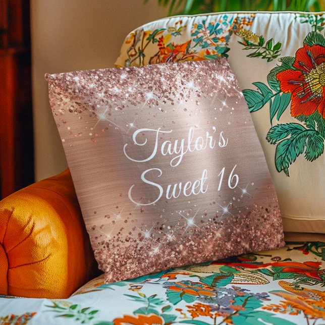 Sparkly Glittery Rose Gold Foil Glam Sweet 16 Cushion (Sparkly Glittery Rose Gold Foil Glam Sweet 16 Throw Pillow)