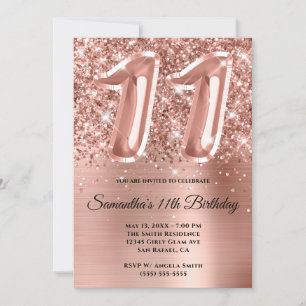 Sparkly Glittery Rose Gold Glam 11th Birthday Invitation