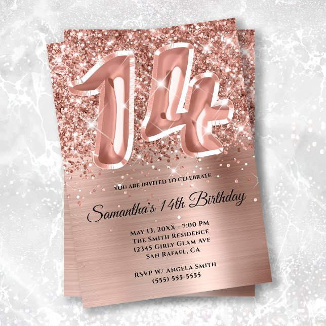 Sparkly Glittery Rose Gold Glam 14th Birthday Invitation (Creator Uploaded)