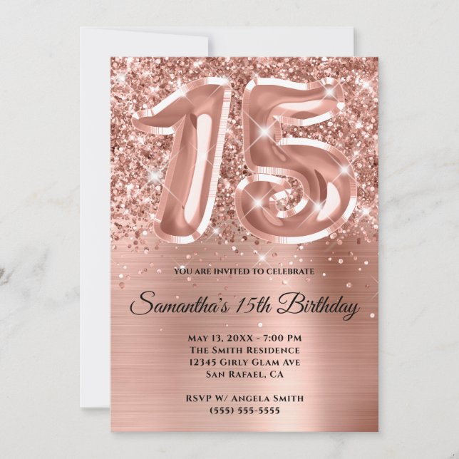 Sparkly Glittery Rose Gold Glam 15th Birthday Invitation (Front)
