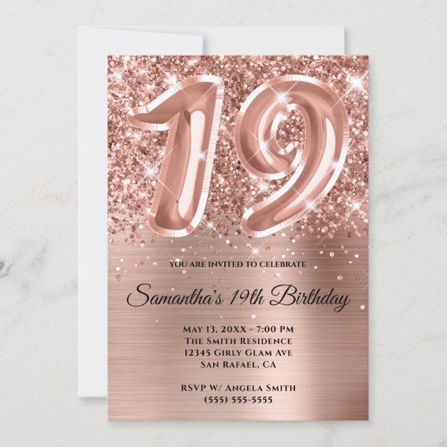 Sparkly Glittery Rose Gold Glam 19th Birthday Invitation (Front)