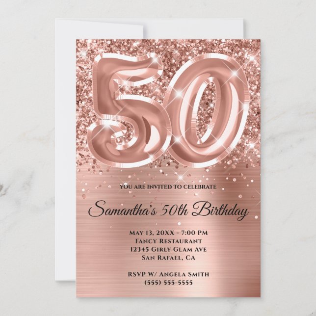 Sparkly Glittery Rose Gold Glam 50th Birthday Invitation (Front)
