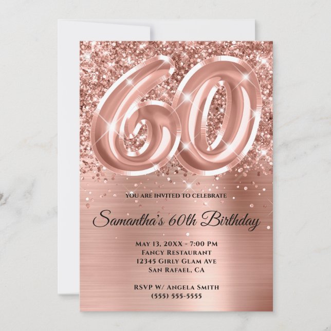 Sparkly Glittery Rose Gold Glam 60th Birthday Invitation (Front)