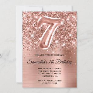 Sparkly Glittery Rose Gold Glam 7th Birthday Invitation