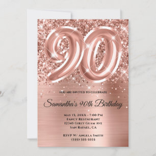 Sparkly Glittery Rose Gold Glam 90th Birthday Invitation