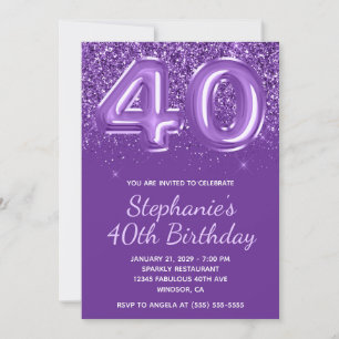 Sparkly Glittery Royal Purple Number 40 Birthday Invitation