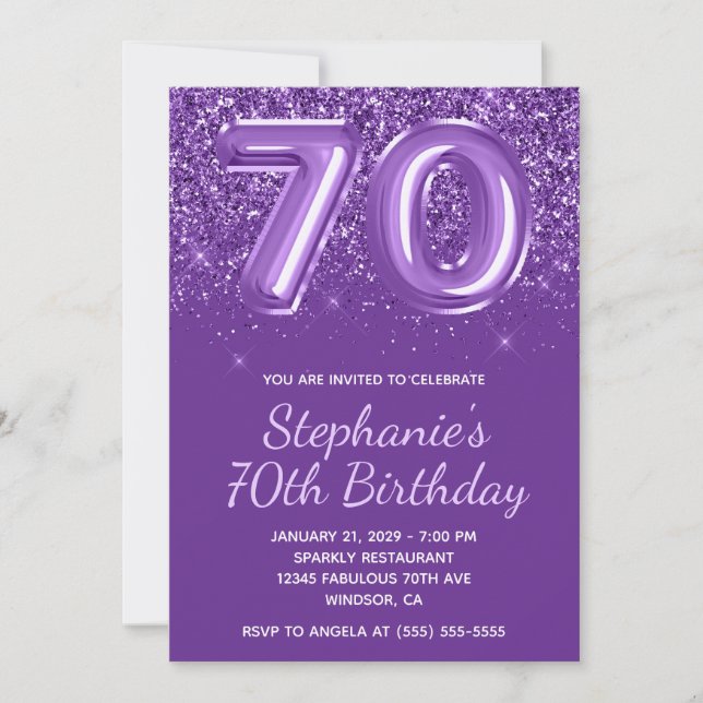 Sparkly Glittery Royal Purple Number 70 Birthday Invitation (Front)