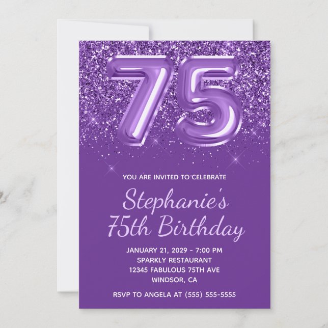 Sparkly Glittery Royal Purple Number 75 Birthday Invitation (Front)