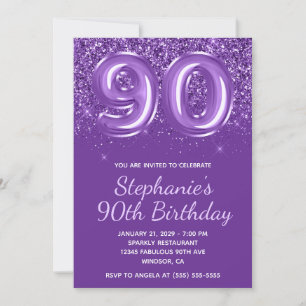 Sparkly Glittery Royal Purple Number 90 Birthday Invitation