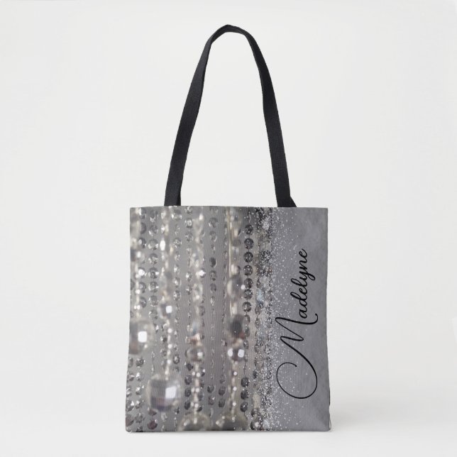 Sparkly Glittery Silver Beads Personalised Tote Bag (Front)