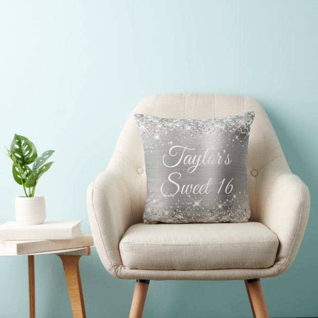 Sparkly Glittery Silver Foil Glam Sweet 16 Cushion (Chair)