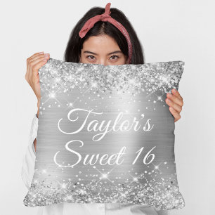 Sparkly Glittery Silver Foil Glam Sweet 16 Cushion
