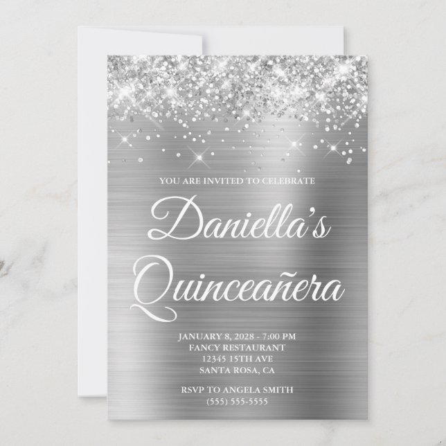 Sparkly Glittery Silver Foil Quinceañera Invitation (Front)