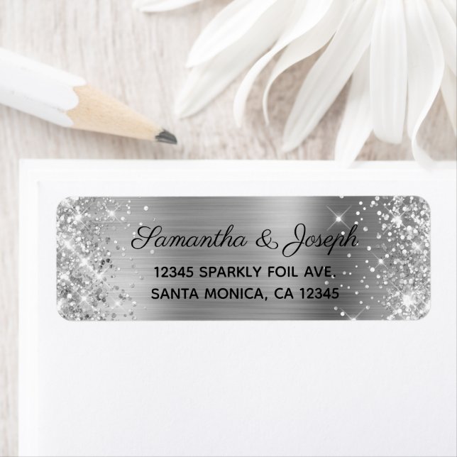 Sparkly Glittery Silver Foil Wedding Return Address Label (Insitu)
