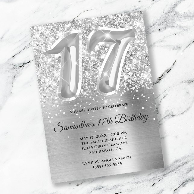 Sparkly Glittery Silver Glam 17th Birthday Invitation (Creator Uploaded)