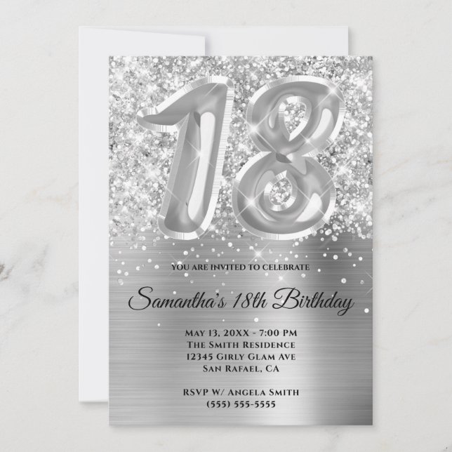 Sparkly Glittery Silver Glam 18th Birthday Invitation (Front)