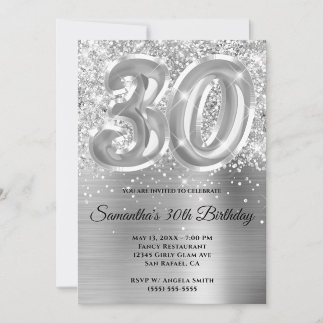 Sparkly Glittery Silver Glam 30th Birthday Invitation (Front)