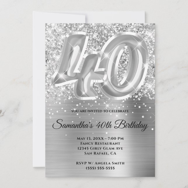 Sparkly Glittery Silver Glam 40th Birthday Invitation (Front)