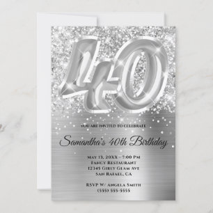 Sparkly Glittery Silver Glam 40th Birthday Invitation