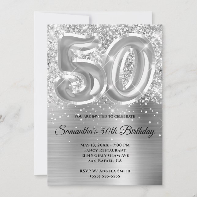 Sparkly Glittery Silver Glam 50th Birthday Invitation (Front)