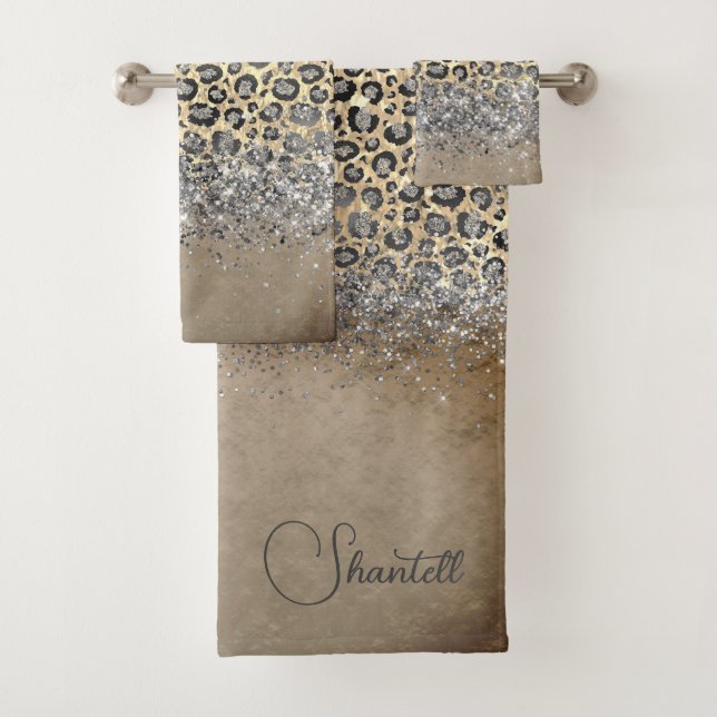 Sparkly Glittery Silver Leopard Personalised Bath Towel Set (Insitu)