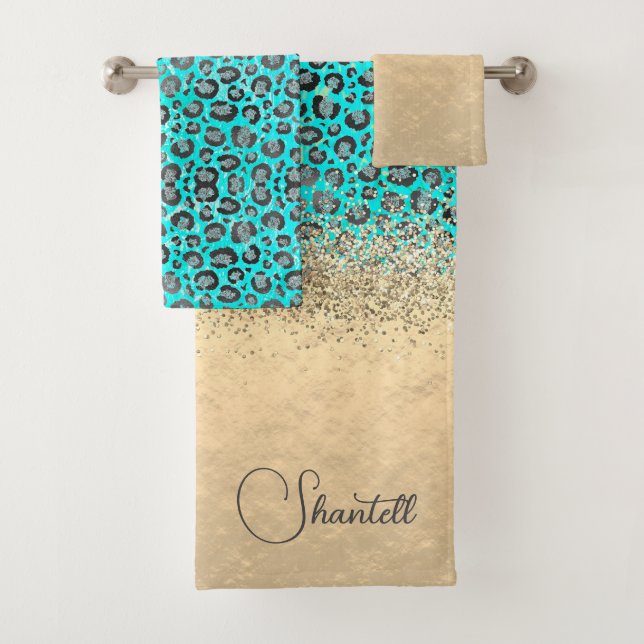 Sparkly Glittery Silver Leopard Personalised  Bath Towel Set (Insitu)