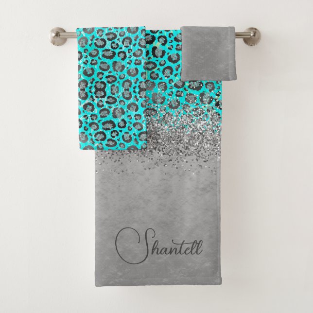 Sparkly Glittery Silver Leopard Personalised  Bath Towel Set (Insitu)