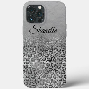 Sparkly Glittery Silver Leopard Personalised iPhone 13 Pro Max Case
