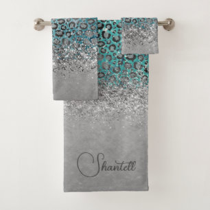 Sparkly Glittery Silver Leopard Personalized Bath Towel Set