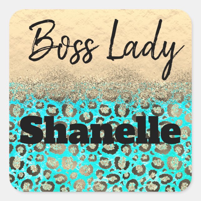 Sparkly Glittery Turquoise Leopard Boss Lady      Square Sticker (Front)