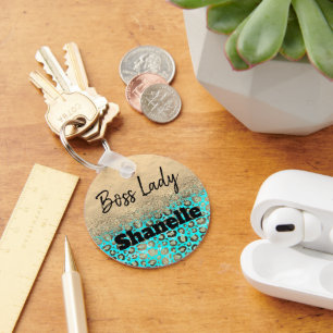 Sparkly Glittery Turquoise Leopard Custom Key Ring