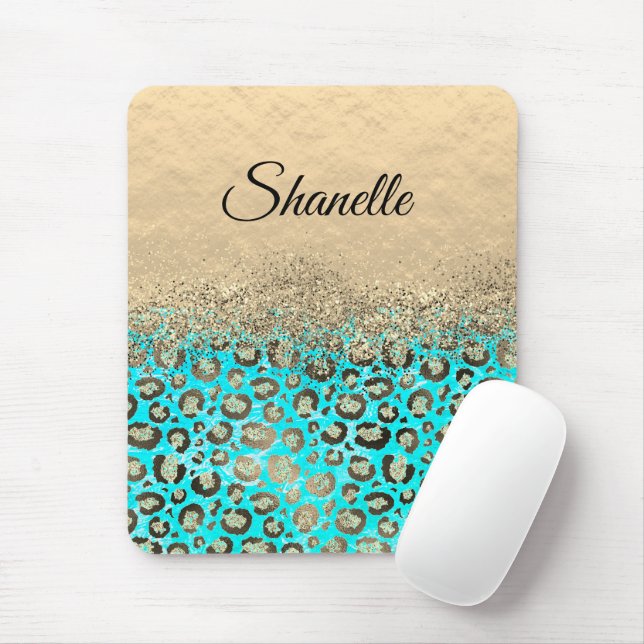 Sparkly Glittery Turquoise Leopard   Mouse Pad (With Mouse)