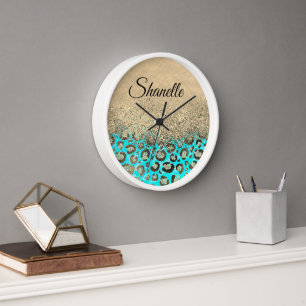 Sparkly Glittery Turquoise Leopard  Personalised Clock