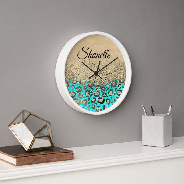Sparkly Glittery Turquoise Leopard  Personalised Clock (Office)