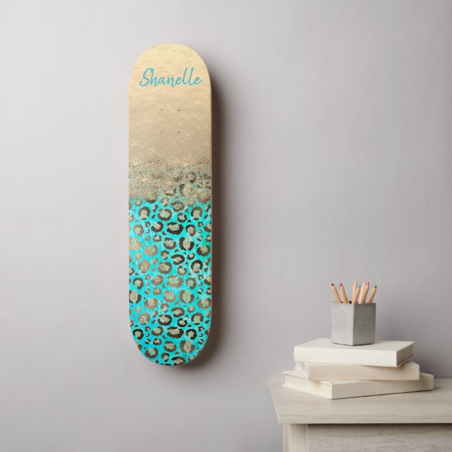 Sparkly Glittery Turquoise Leopard      Skateboard (Wall Art)