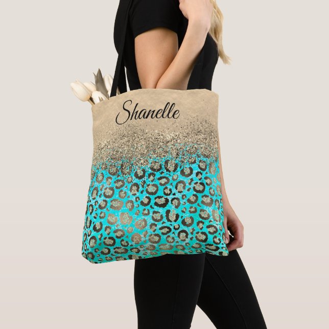 Sparkly Glittery Turquoise Leopard   Tote Bag (Close Up)