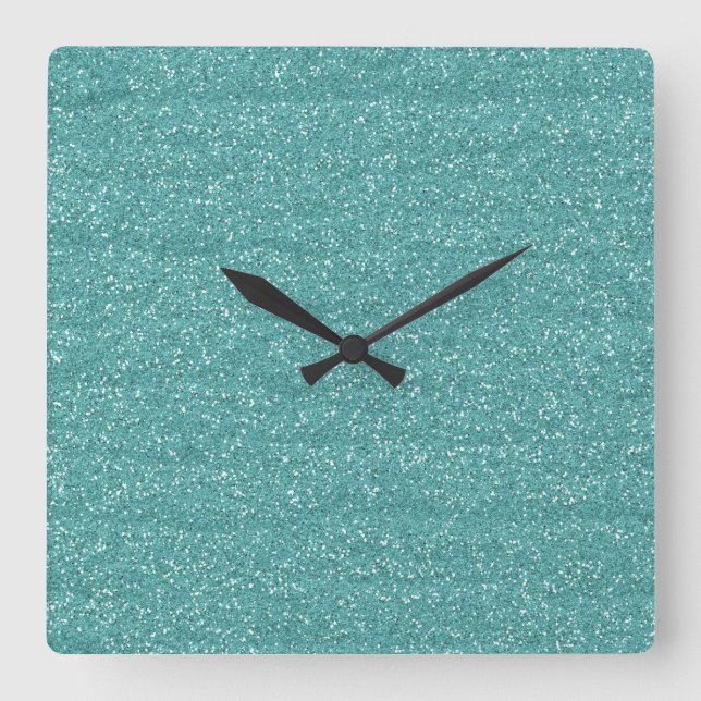 Sparkly Glitzy Teal & Silver Glitter Square Wall Clock (Front)