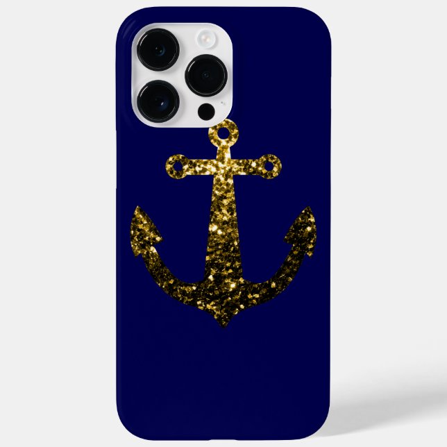 Sparkly Gold Anchor faux sparkles on navy blue Case-Mate iPhone Case (Back)