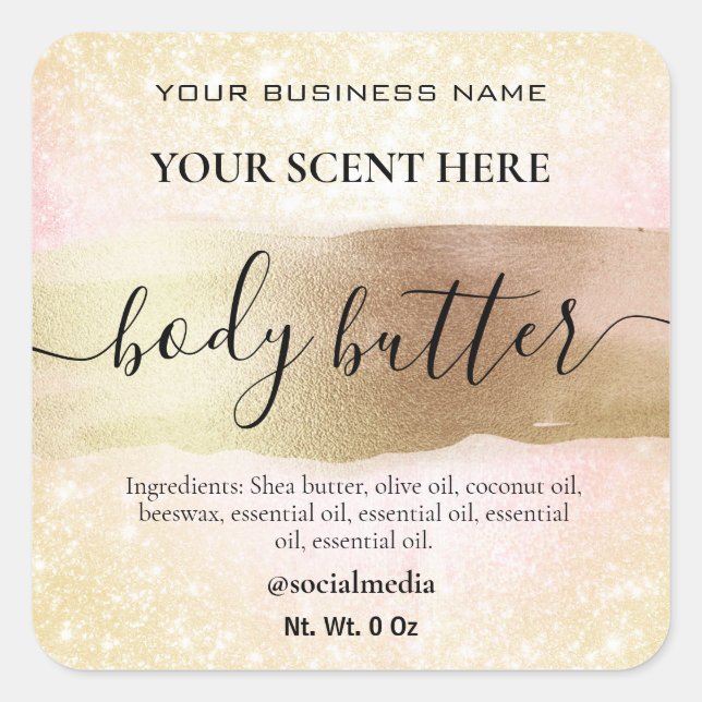 Sparkly Gold And Pink Body Butter Labels (Front)