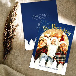 Sparkly Gold Blue Tis' The Season Christmas Trees Holiday Card
