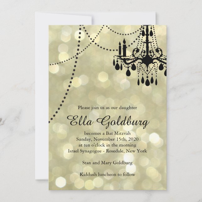 Sparkly Gold Chandelier Bat Mitzvah Invitation (Front)