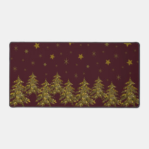 Sparkly gold Christmas tree and stars on red Desk Mat