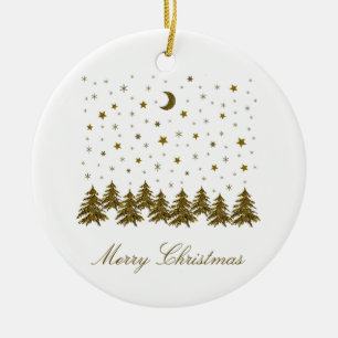 Sparkly gold Christmas tree, moon, stars Ceramic Ornament