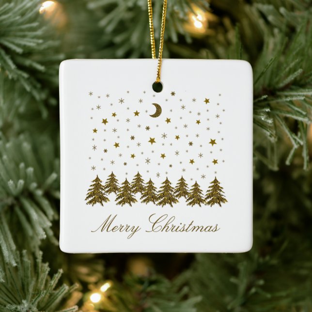 Sparkly gold Christmas tree, moon, stars Ceramic Ornament (Tree)