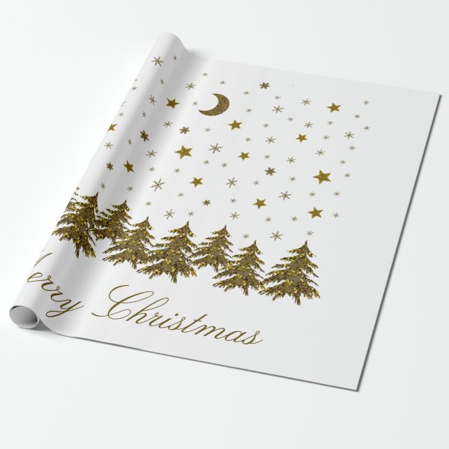 Sparkly gold Christmas tree, moon, stars Christmas Wrapping Paper (Unrolled)