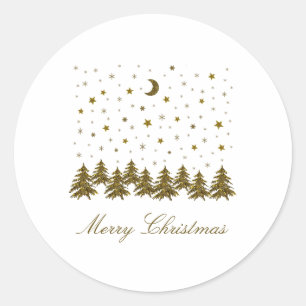 Sparkly gold Christmas tree, moon, stars Classic Round Sticker