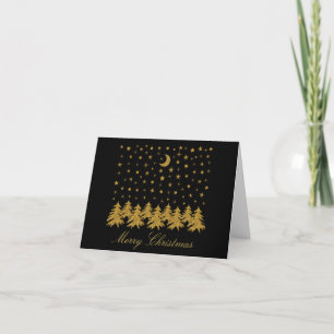 Sparkly gold Christmas tree, moon, stars on black Card