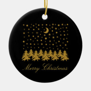 Sparkly gold Christmas tree, moon, stars on black Ceramic Ornament