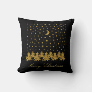 Sparkly gold Christmas tree, moon, stars on black Cushion